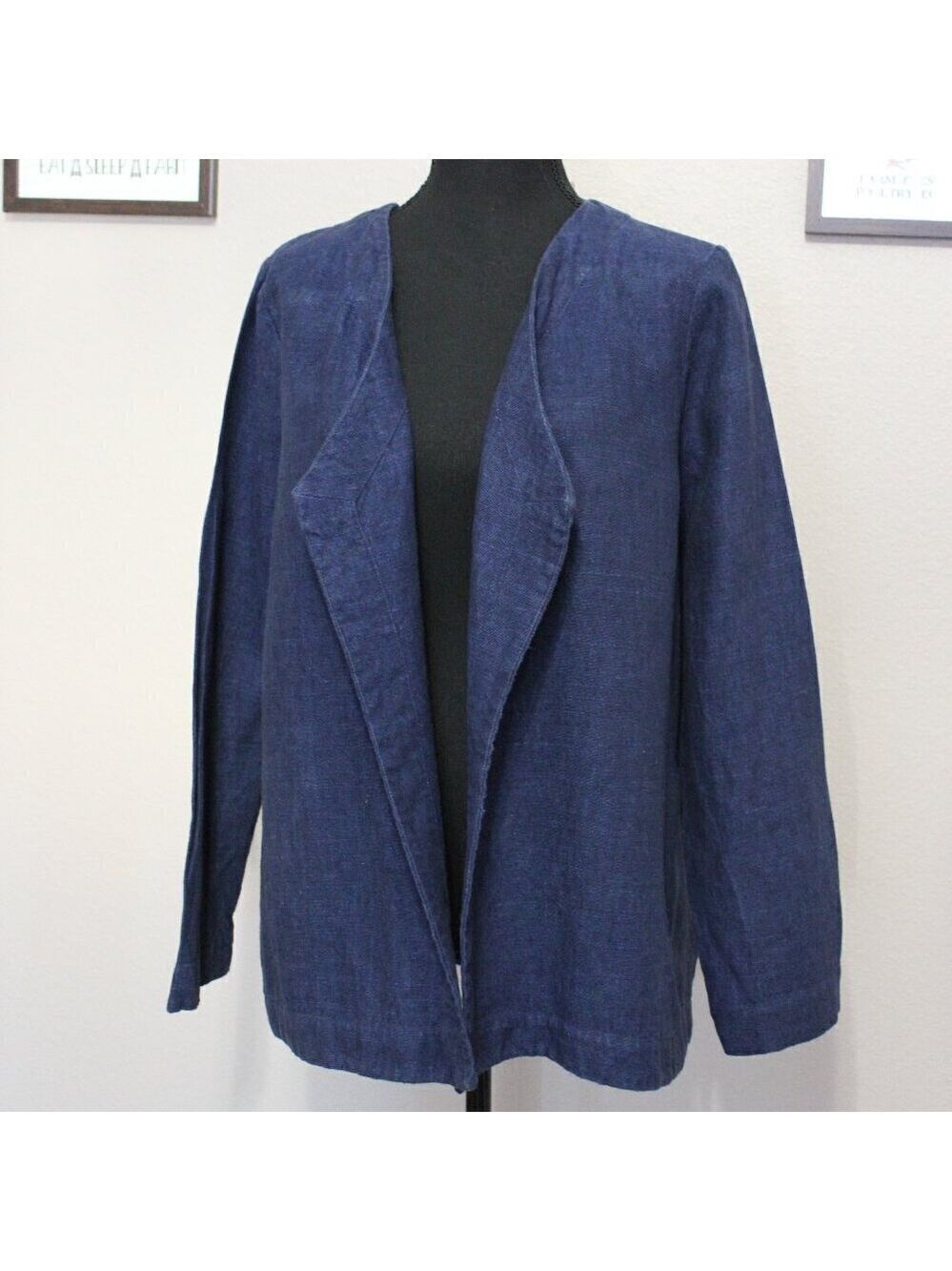 J. Jill Pure Jill Womens Indigo Linen Open Front Waterfall Cardigan Jacket Sz M
